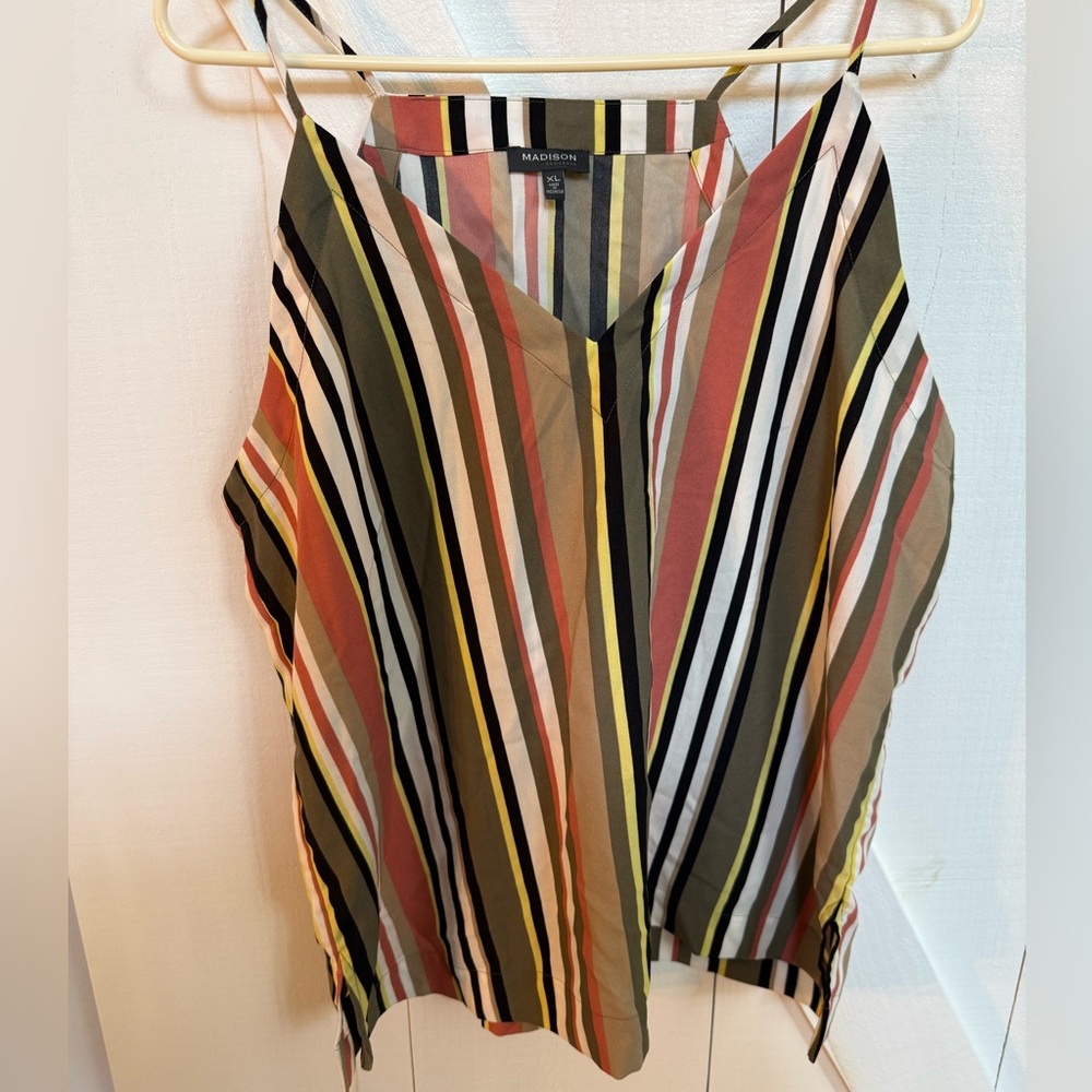 Madison Striped V-Neck Cami Tank Top - Coral, Olive, Black, White, Yellow